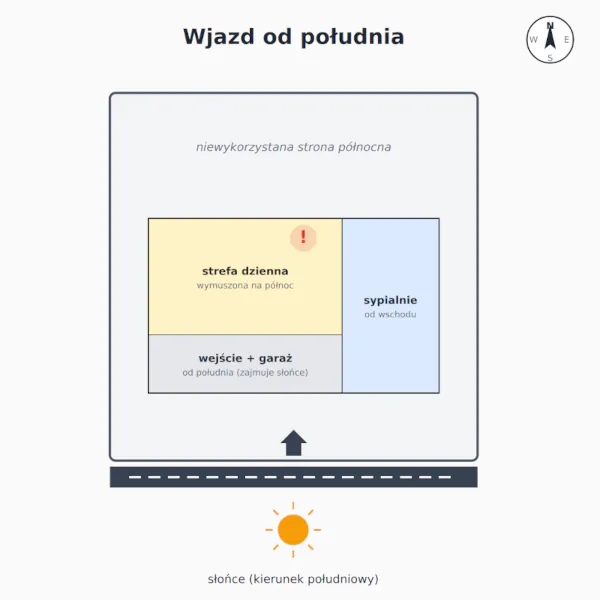 Orientacja działki — Schemat domu z wjazdem od południa — trudny scenariusz orientacji